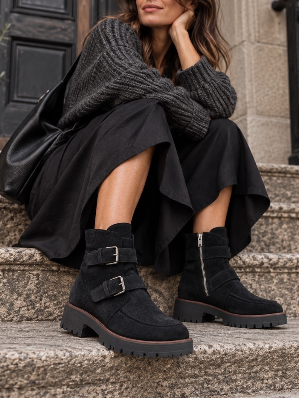Steve Madden Lars Black Suede Chunky Lug Platform Buckle Boots Women’s 8 NWOB